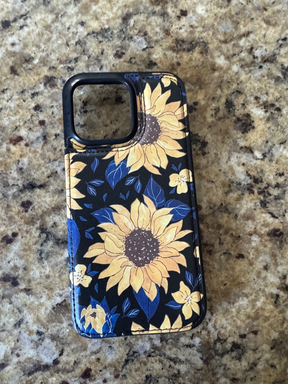 Black Sunflower Floral Phone Case with Yellow & Blue Accents IPhone Pro Max 15